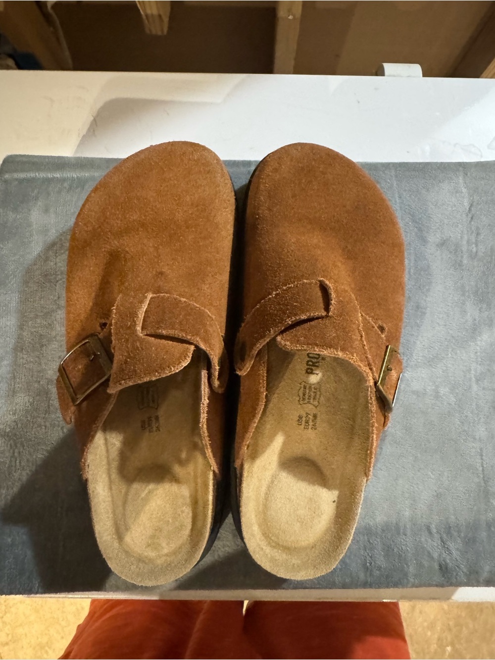 Women’s Suede Buckle Clog Mule in Chestnut Brown